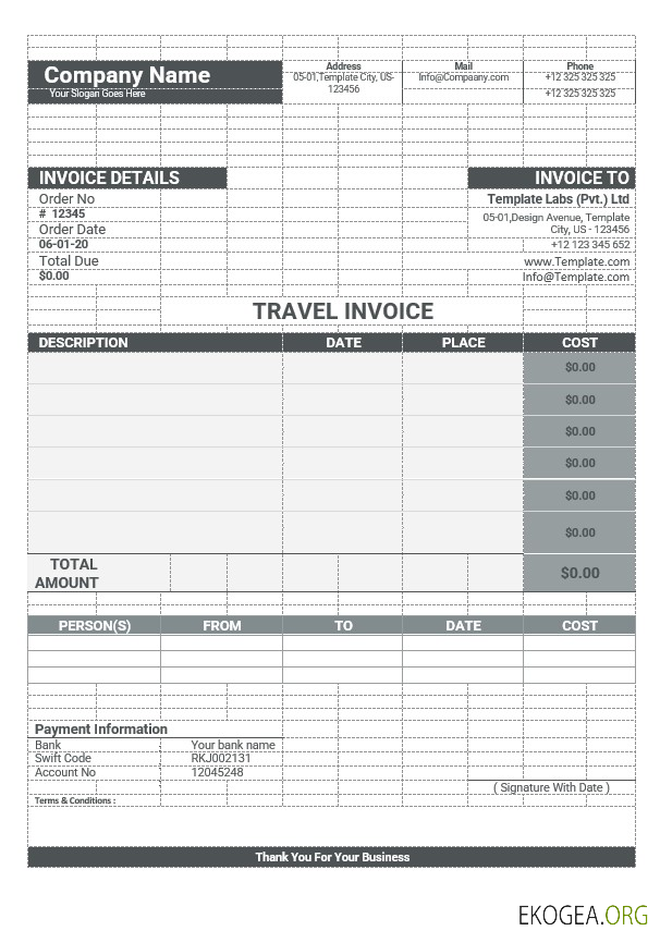 Exemple de modèle de facture de voyage template Exemple de modèle de facture de voyage template